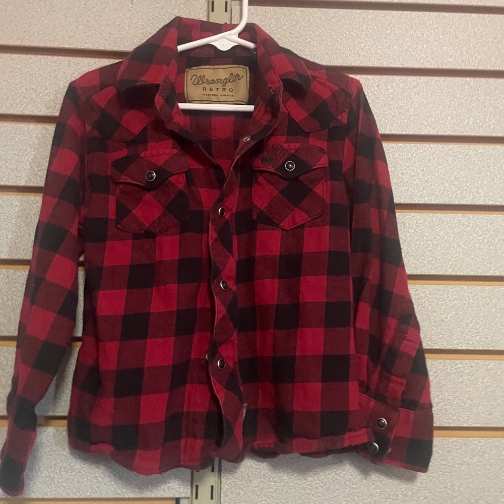 Wrangler Retro Western Shirt Red Black Buffalo Plaid Pearl Snap Flannel XS 4 5